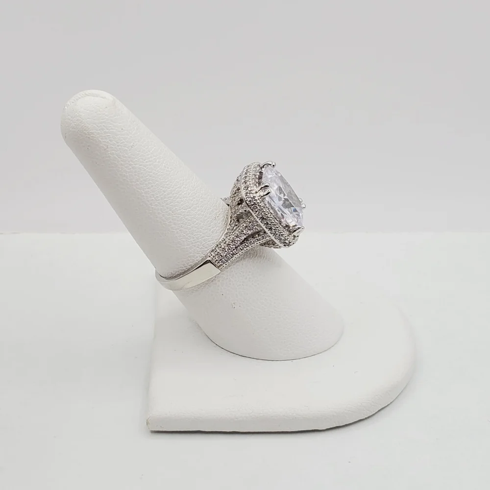 Cushion Cut White Diamond Simulants Silver Tone Pave Halo Engagement Ring